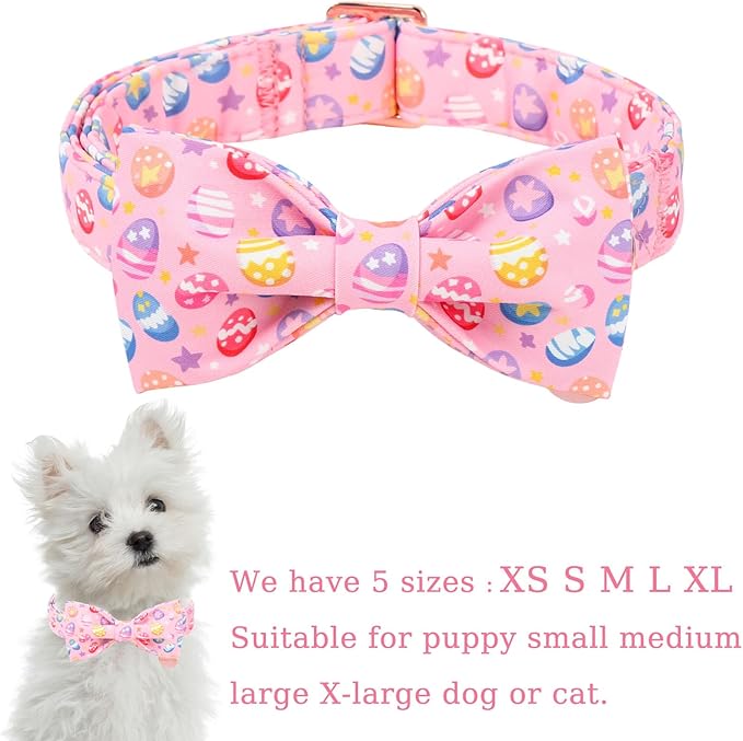 Easter Day Dog Collar with Bow, UP URARA PUP Easter Eggs Adjustable Pet Collar Bowtie with Metal Buckle, Colorful Eggs Cotton Dog Collars for Small Medium Large Dogs, L