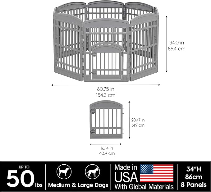 IRIS USA 34" Dog Playpen Tall Dog Playpen Indoor – 8-Panel Puppy Playpen with Door, 63 x 63 x 34, Extra Tall Dog Play Pen Indoors for Large Dogs, Plastic Pet Playpen, Indoor Dog Pen, Gray