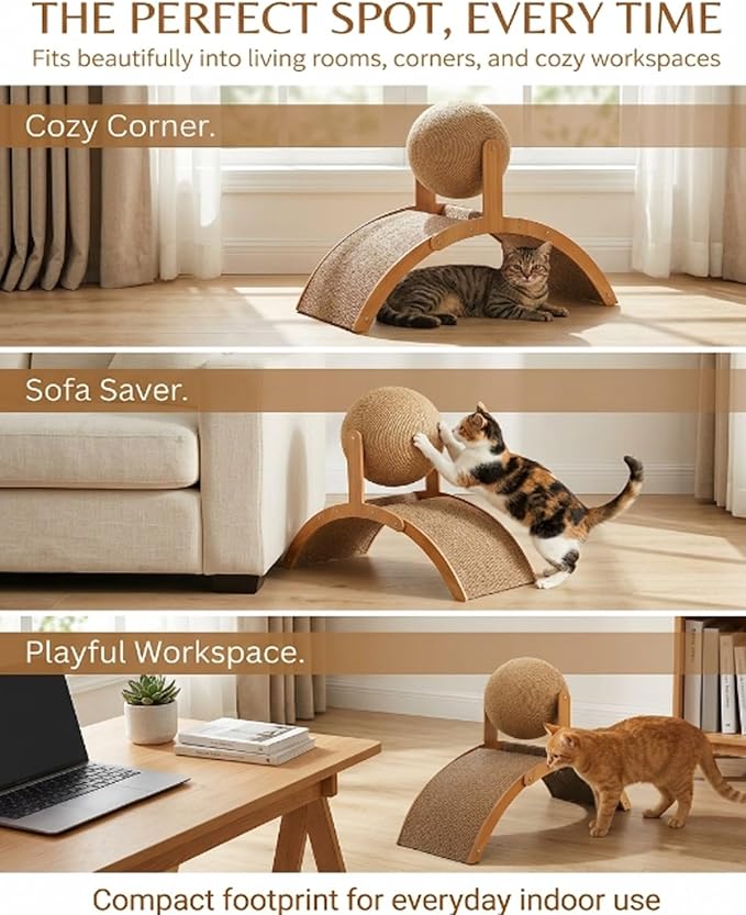 Wobble Ball Cat Scratcher, 2 in 1 Wood Interactive Cat Arch Scratching Ball on Stand with Arched Bridge and 360° Rotating Hanging Sisal Balls for Indoor Cats Kittens(Big)
