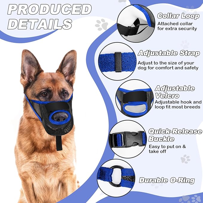 Dog Muzzle, Soft Air Mesh Muzzles for Medium Sized Dogs, Breathable Dog Mussels for Scavenging Biting Licking & Barking, Adjustable Mouth Guard with Front Opening, Allows Panting and Drinking(Blue,M)