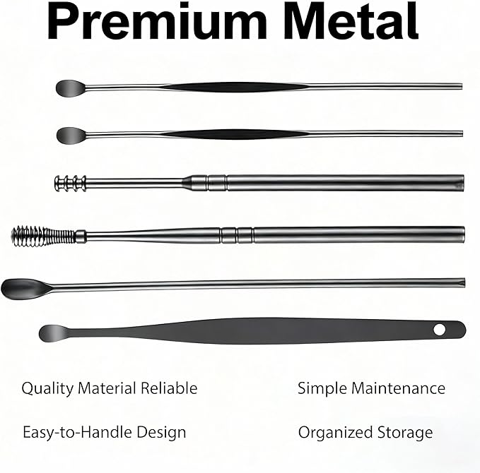 6 Pcs Ear Wax Removal Kit- Ear Cleaner Tool Stainless Steel- Portable Spiral Cleaning Tools with Storage Box for Adults (6 Pcs Black)