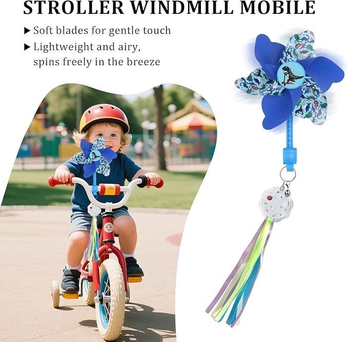 Rotating Pinwheel Stroller Identifier, Stroller Identifier Sign Flag, Stroller Finder Hanger with Rainbow Pinwheel and Ribbon, Quick Search Your Stroller in Theme Park Airport Mall (Blue)