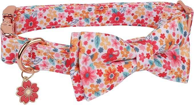 ADOGGYGO Floral Dog Collar with Bow, Metal Buckle, Adjustable Red Pink Pet Flower Collar for Medium Dogs (Medium)