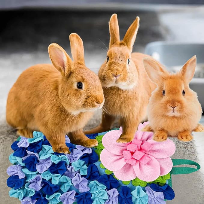 Small Animals Foraging Mat – Cute Rabbit Feeding Mat with Fun Design, Slow Eat Durable Fleece Pad for Rabbits, Hamsters, Guinea Pigs (Blue)