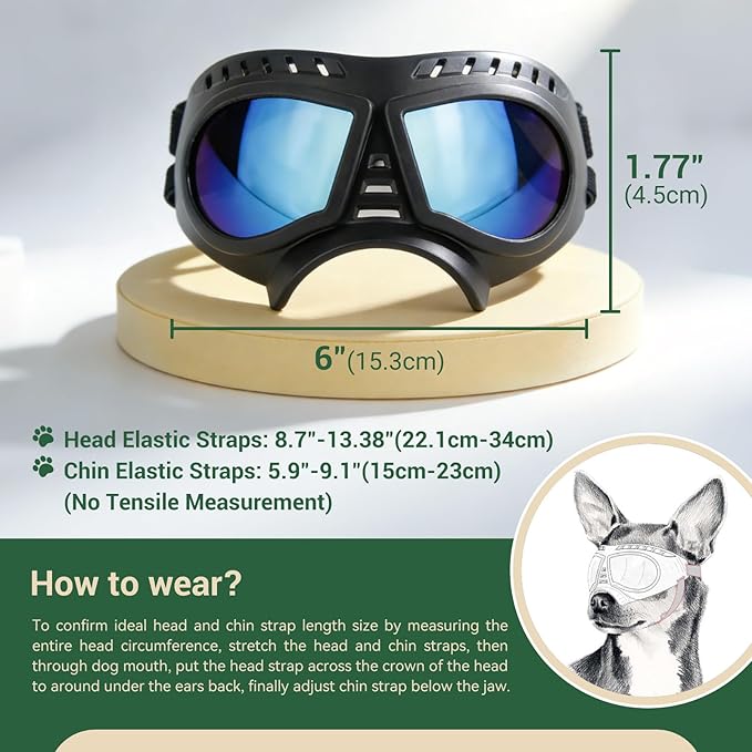 Dog Goggles for Small to Medium Breeds, Small Dog Sunglasses UV Protection Windproof Snowproof, Outdoor Driving/Riding/Hiking Pet Eyes Protection, Soft Frame Adjustable Straps, Blue Lens