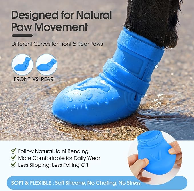 Dog Rain Boots Waterproof, 4PCS Dogs Shoes Non Slip Dog Boots & Paw Protectors, Easy On Rubber Doggie Booties Pet Shoes for Hot Pavement Snow Rain, Dog Rainboots for Small Medium Large Dogs, Blue 3XL