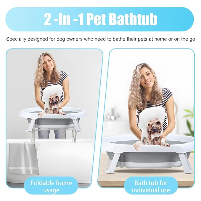 2 in 1 Dog Bathtub Dog Washing Station for Bathing and Grooming | Foldable Shower Bath Tub | Collapsible Portable Shower Bathtub for Indoor and Outdoor Small Dogs Cats Pet Grey
