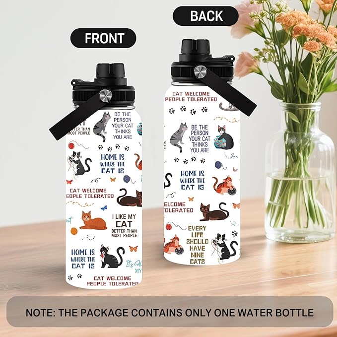 Cats Gifts for Women, 32 oz Insulated Water Bottle, Stainless Steel Sports Travel Bottles, Cute Cat Water Bottles Gifts for Cat Lovers (1pcs)