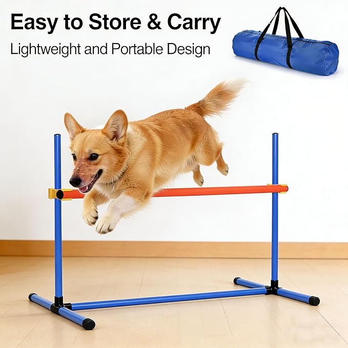 4 PCS Dog Agility Course Equipment, Adjustable Jump Bars Obstacle Training Supplies PVC Puppy Exercise and Coordination Training Kit with Carry Bag for Indoor Outdoor Use(Blue)
