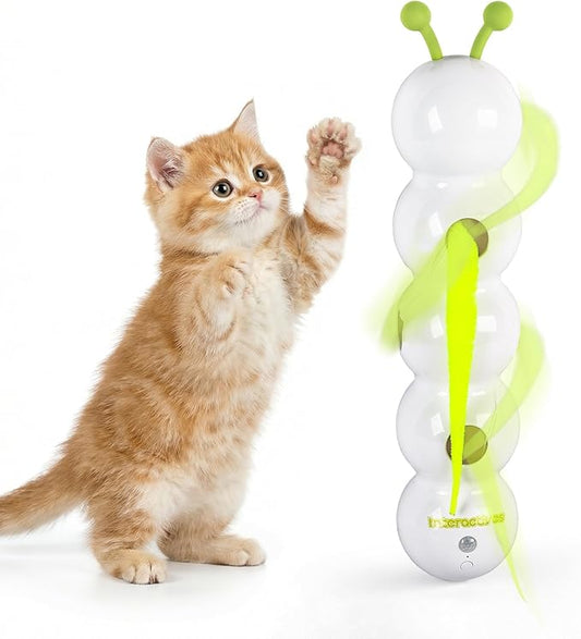 ALL FOR PAWS Interactive Cat Toy for Indoor Cats, Automatic Motion Activated Fluffy Tail Cat Toy, Electric Teaser Wand for Kittens & Bored Cats, USB Rechargeable Caterpillar Toy with Suction Cup