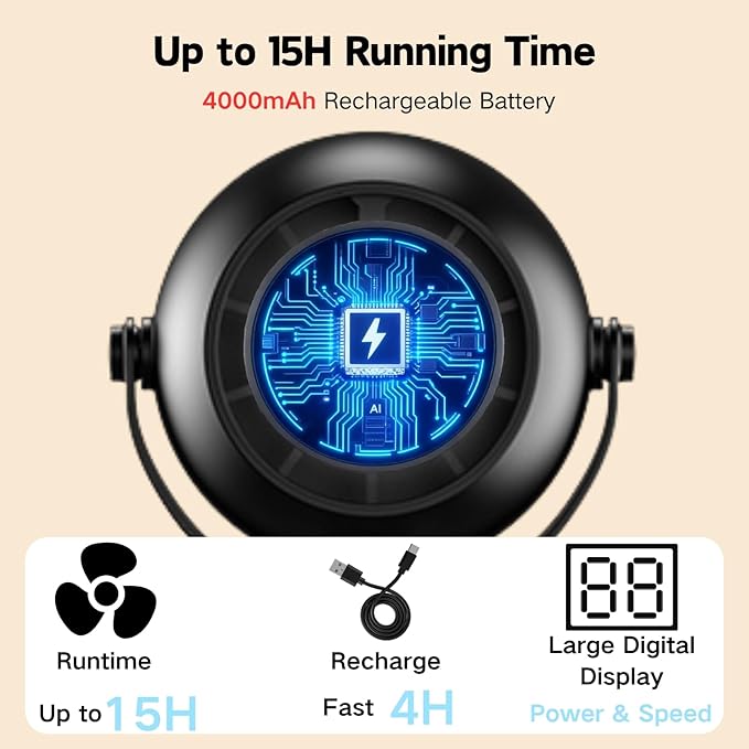 Portable Stroller Fan - Pinch-Proof, 4000mAh Rechargeable LED Display, 3-Speed & 3-Level Night Light, 360° Adjustable, Flexible Tripod for Car Seat, Stroller, Pet Cart, Camping & Travel