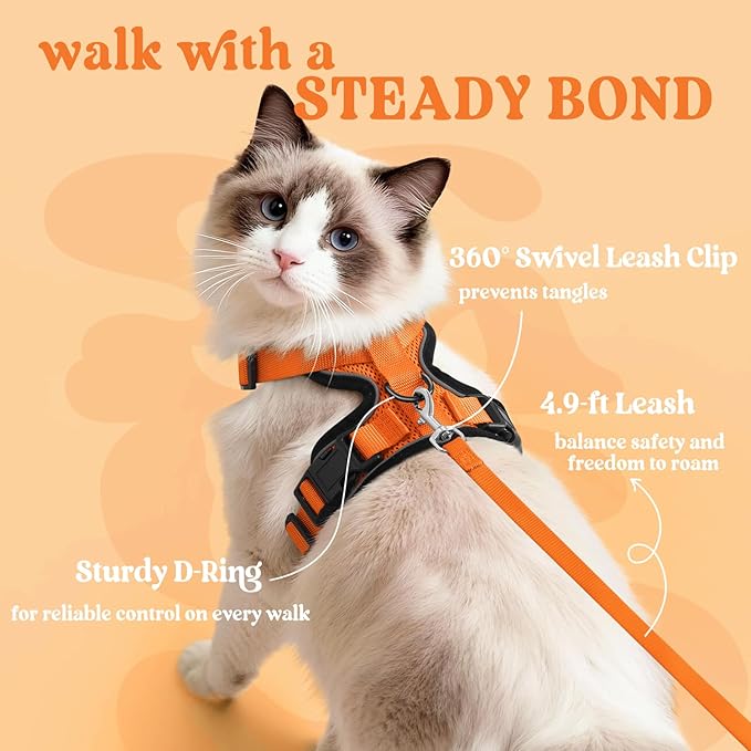 rabbitgoo Cat Harness and Leash Set, Escape Proof Vest Harness for Safe Outdoor Walks, Soft Breathable Adjustable Vest with Reflective Strips for Average to Large Cats, Orange, M