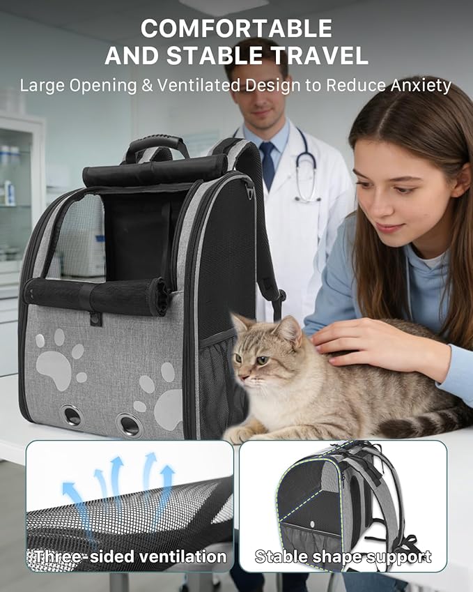 Cat Backpack Carrier with Comfort Handle, Ventilated Cat Backpack with Reflective Strips, with Chest and Shoulder Buckles, Foldable Cat Carrying Backpack for Kitty Small Dog up to 15lbs(Grey).