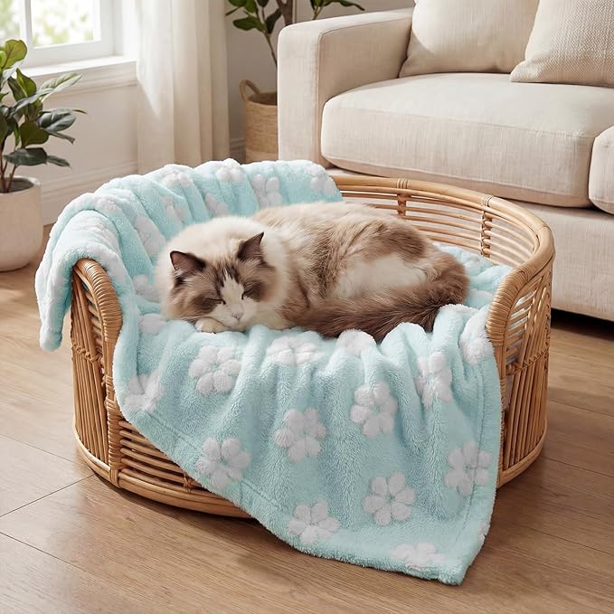 Horaldaily Pets Flannel Blanket, Blue Flowers 3D Textured Soft Fuzzy Fluffy Plush Cozy Fleece Premium Blankets for Dog Cat Puppy Kitten Couch Protection, 20x30