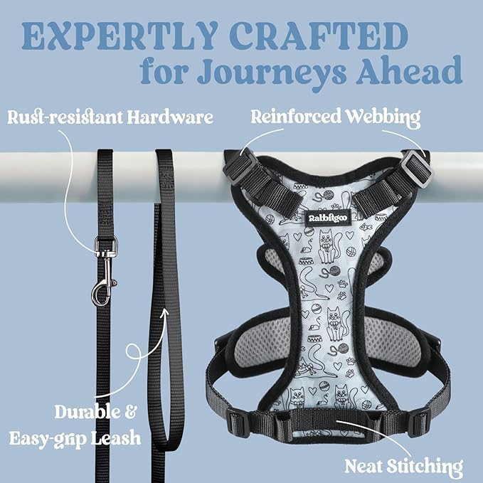 rabbitgoo Cat Harness and Leash Set, Escape Proof Kitten Harness for Safe Outdoor Walks, Soft Breathable Adjustable Vest with Reflective Strips for Kittens and Small Cats, Doodle Gray, XS