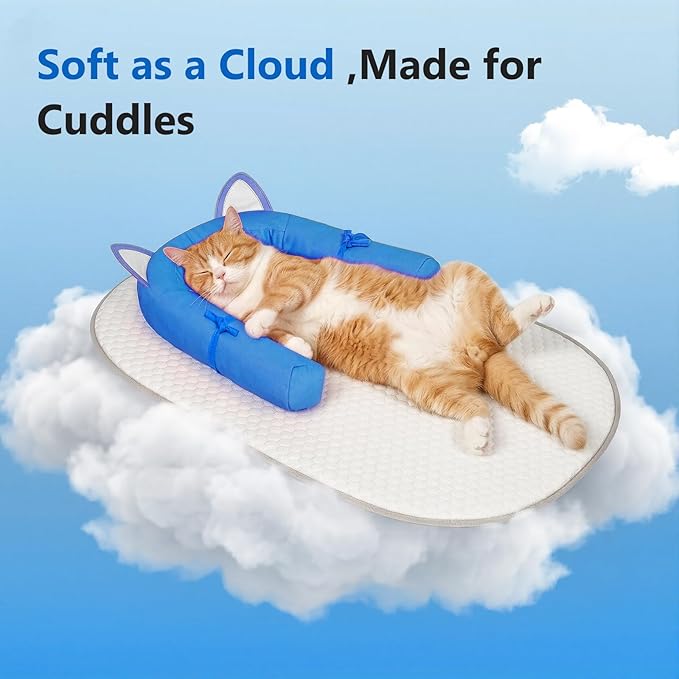 Cat Cooling Mat with Soft U-Shaped Pillow– Breathable Calming Cooling Pad for Cats– Portable Washable Summer Cooling Cat Bed for Indoor Or Travel Use,Blue Cat