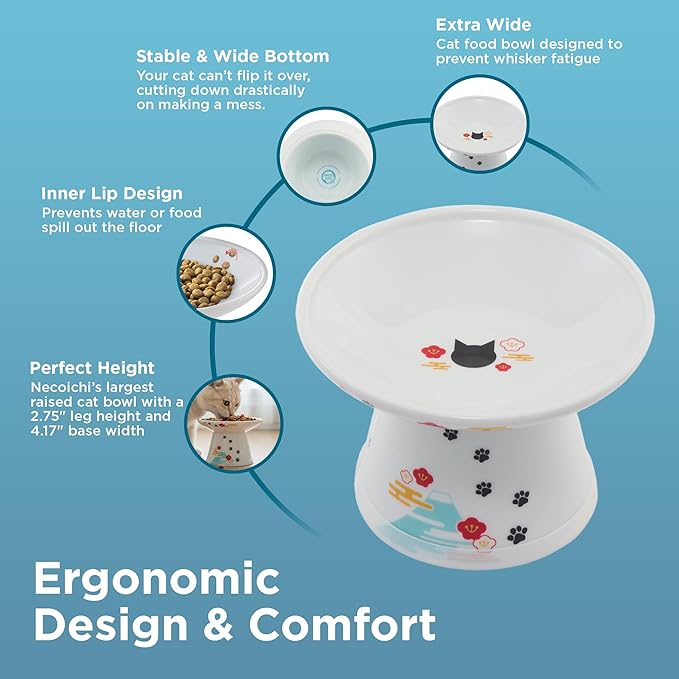 Necoichi Elevated Cat Food Bowl, Ceramic (Porcelain), Whisker-Friendly, Dishwasher & Microwave Safe, Non-Slip Silicone Base, Anti-Vomiting & Neck Fatigue (Fuji, Extra Wide, 2-Cups Capacity).