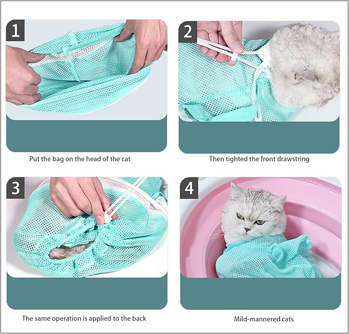 Adjustable Multifunctional Anti-Bite Shower Net, Cat Grooming Mesh Bag, Cat Bath Brush and Pet Finger Toothbrush (B-Green)