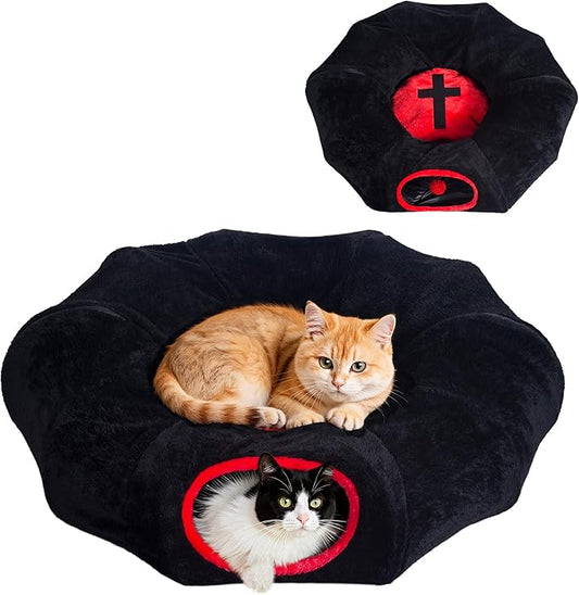 Gothic Cat Bed, Coffin Cat Tunnel House with Washable Cushion, Fits Indoor Cats up to 25 lbs, Cute Peekaboo Cave Pet Bed for Kittens, Rabbits, Halloween Goth Design, Black Red