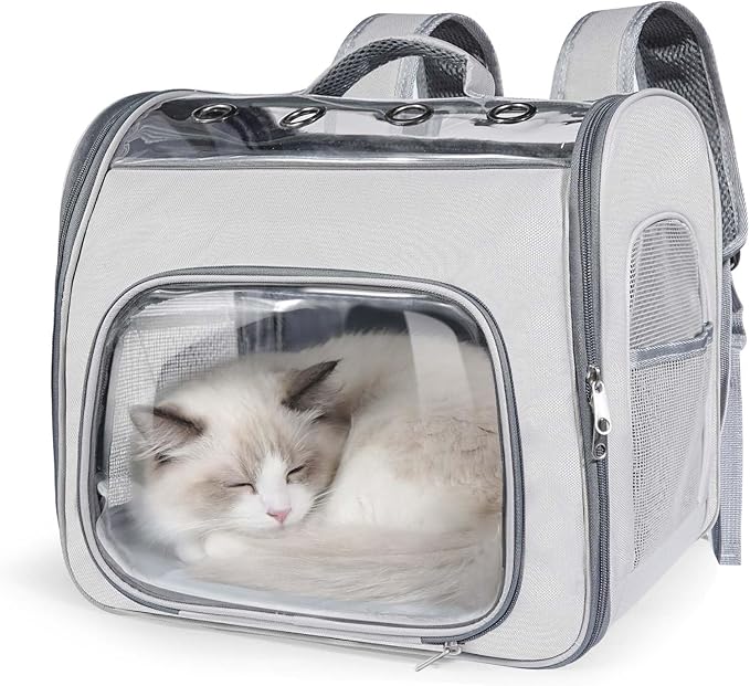Cat Soft-Sided Carrier Backpack, Breathable Mesh Foldable Pet Travel Carrier with Reinforced Support, Portable Puppy Carrying for Kitty Up to 15lbs (Grey)