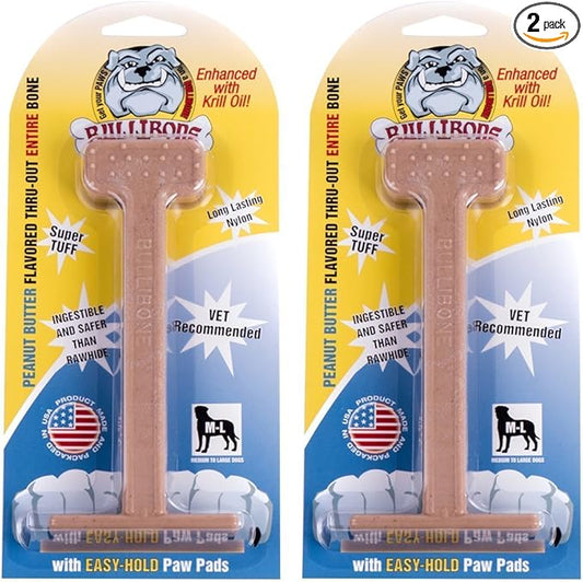 Bullibone Nylon Dog Chew Toy for Aggressive Chewers - Dental Hygiene Bone with Peanut Butter Flavor, Durable Tough Chew Toys for Large Dogs, Indestructible Dog Bone - 2 Pack