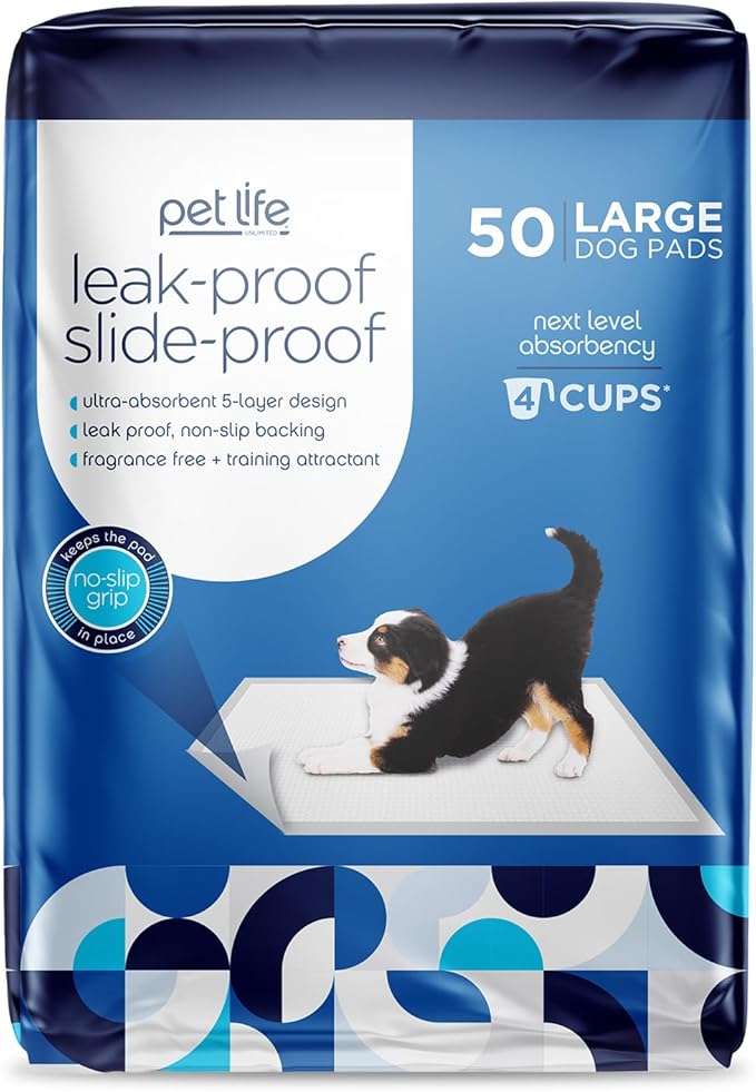 Pet Life Unlimited Leak-Proof Slide-Proof Large Puppy Pads, Pee Pads for Dogs, Dog Training Pads - Bleach & Dye Free Dog Pee Pads - Made in The USA - 24" x 22" - 50 Count (L) (Pack of 2)