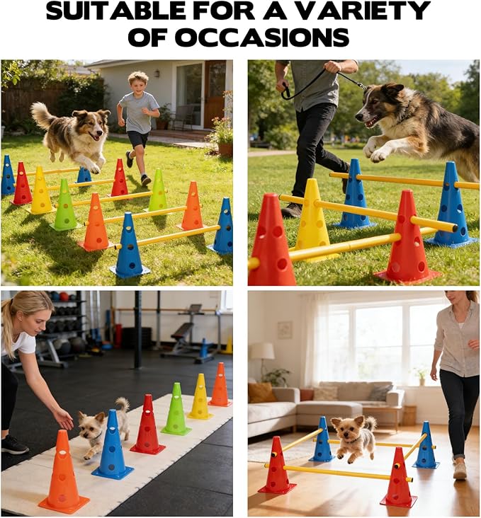 Dog Agility Hurdle Cone Set, 10er 12.5Inch Color Agility Cones and 5er 31.5Inch Agility Rods, Equipment Obstacle Course Backyard Equipment for Pet Exercise