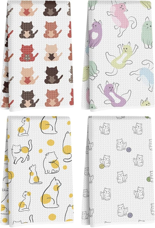 Hanamiya Na 4Pcs Cute Cat Kitchen Towels, Whimsical Decorative Absorbent Microfiber Dish Cloth Tea Towel, Durable Hand Towels for Farmhouse Home Bathroom, Cat Lover Gifts 1