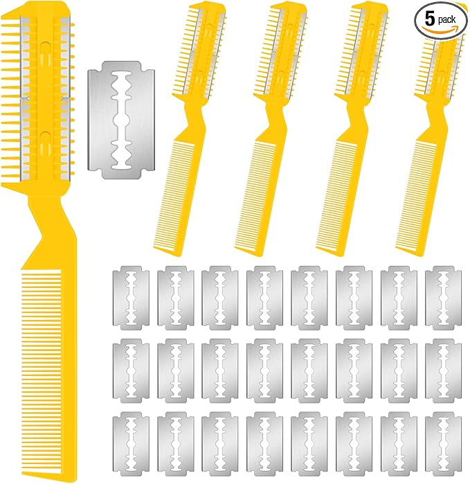 Yinkin 5 Pieces Razor Comb for Dogs Hair Grooming Trimmer for Pet Razor Comb with 25 Extra Blades Manual Dog Hair Trimmer Double Edge for Cats Hair Cutting Tool(Yellow)
