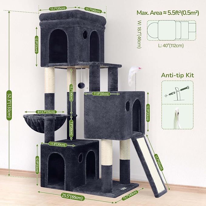 Globlazer 52in Cat Tower for Multiple Indoor Cats, Heavy Duty Multi-Level Cat Tree with 3 Cozy Condos, 4 Natural Sisal Scratching Posts and Cozy Basket Bowl, F52B, Dark Grey
