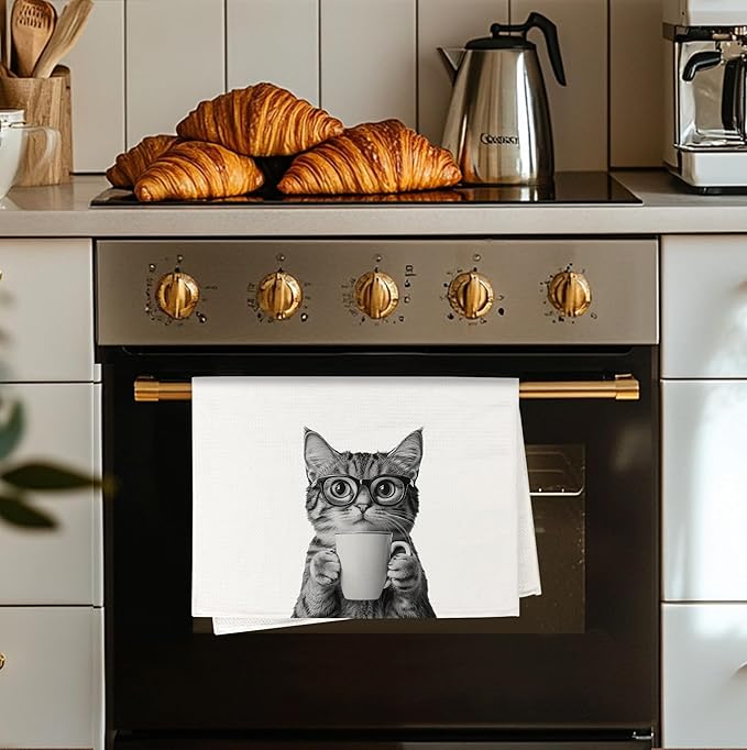 Funny Coffee Cat Kitchen Towels, Cat Lovers Mom Lady Gifts Dish Tea Towel for Kitchen Coffee Bar Station Decor, Kitten Pet Lover Gifts Hand Towels, 16x24 Inch