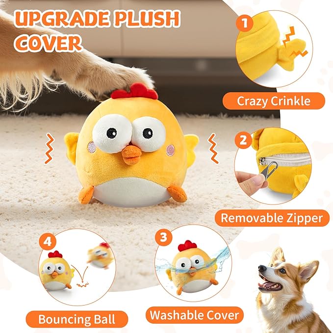 Interactive Dog Toy Ball for Small Dogs, Rechargeable Chicken Bounce Ball with Upgrade Removable Zipper for Large Dogs, Squeaky Move Jump Toy for Pets Keep Busy, No Loud Music (Yellow Chicken)