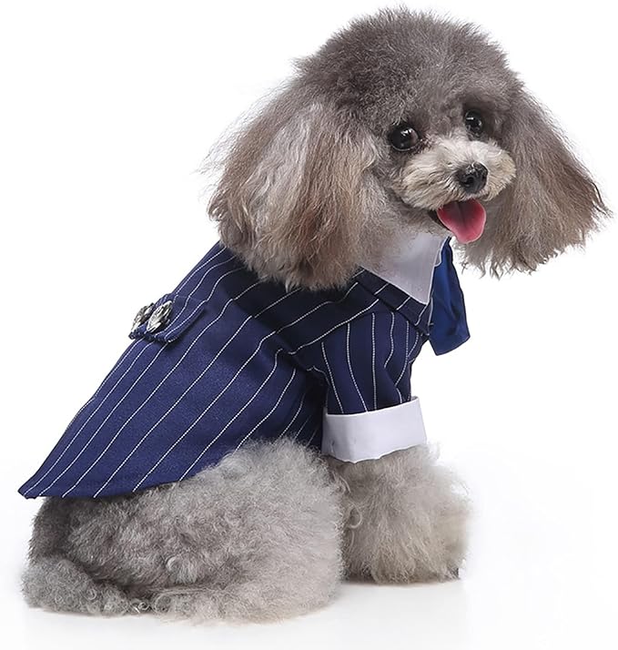 QBLEEV Dog Tuxedo Suit with Bow Tie, Formal Black & White Striped Dog Costume Outfit, Doggy Tux Prince Dress for Wedding Party Birthday Holiday, Elegant Dogs Attire for Golden Retriever Husky Border