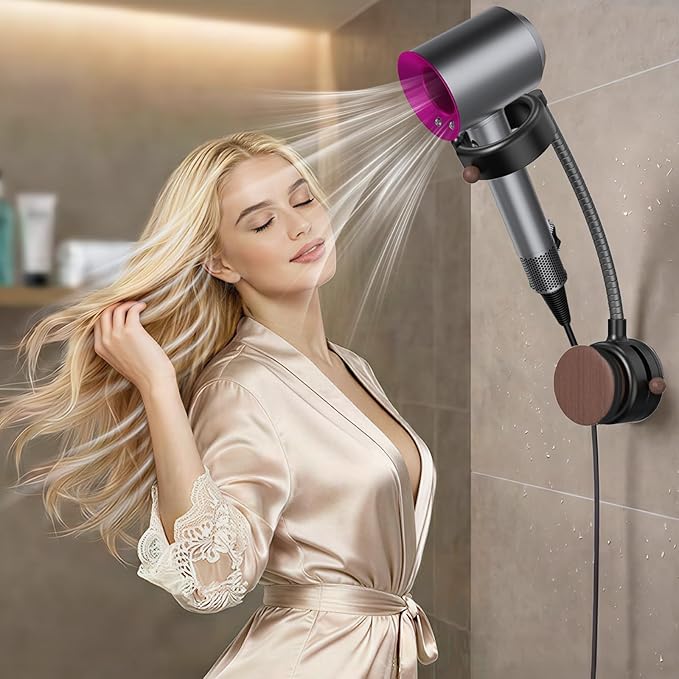 SEANCHEER Hands Free Hair Dryer Holder Wall Mount, 360° Rotating Adjustable Height Suction Cup Blow Dryer Holder, No Drill Installation, Damage-Free Wall, with Cord Storage for Most Hair Dryers