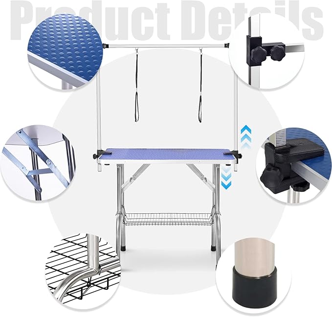 46 Inch Professional Adjustable Pet Grooming Table Heavy Duty with Arm Noose & Mesh Tray for Dog Cat Shower Table Maximum Capacity Up to 265Lb, Blue