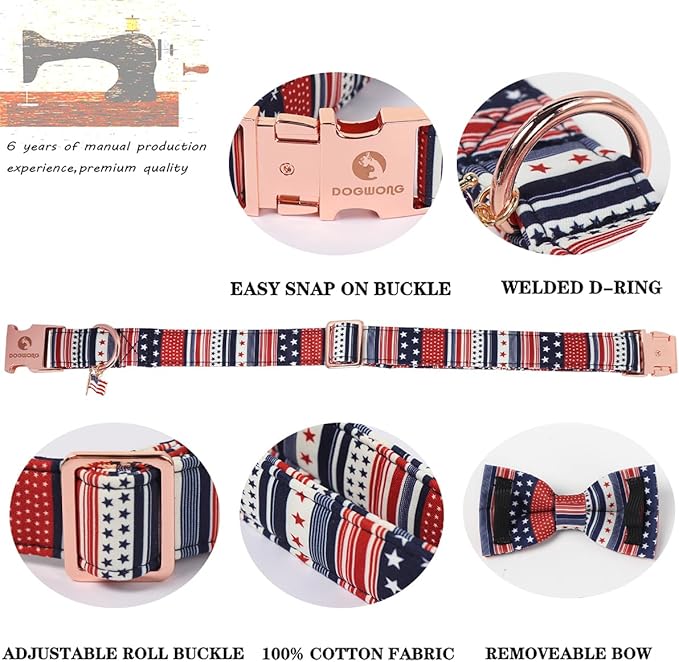 American Flag 4 of July Dog Bow Collar, Independence Day Adjustable Patriotic Dog Collar with Bowtie for Small Dogs,S
