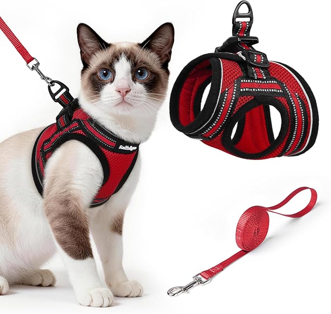 rabbitgoo Cat Harness and Leash, Step-in Escape Proof Kitten Harness Set, Soft Comfortable Cat Vest, Easy to Wear and Adjust, Reflective for Safe Outdoor Walking, Red, Large