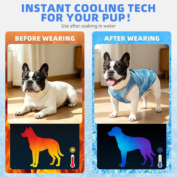 KOOLTAIL Dog Cooling Vest, Sun Protection Easy on off Cooling Pet Shirt Harness with Zipper & Leash Ring, Breathable Summer Quick Dry Clothes, Relief in Hot Weather for Small Medium Large Dogs, Blue S