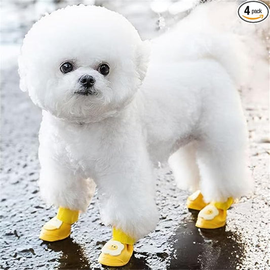 4Pcs Waterproof Dog Boots Dog Shoes for Snow and Rain Teddy Pomeranian Bichon Small Dogs Boot Size Runs Small Please Check The Size Carefully (Yellow, Large(8-15Ib))