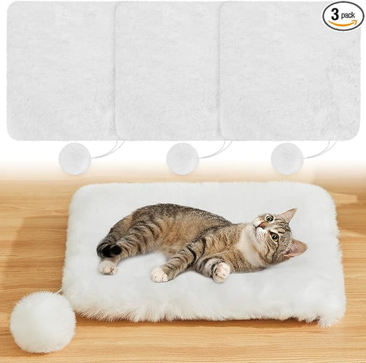 Abbylike 3 Pack 11.8 Square Cat Dog Bed Cushion Pad Mat Faux Rabbit Fur Pet Bed with Ball Anti Slip Soft Washable Cat Tree Tower Replacement Cushion Pad for Crate Cage Carrier Window Perch, White