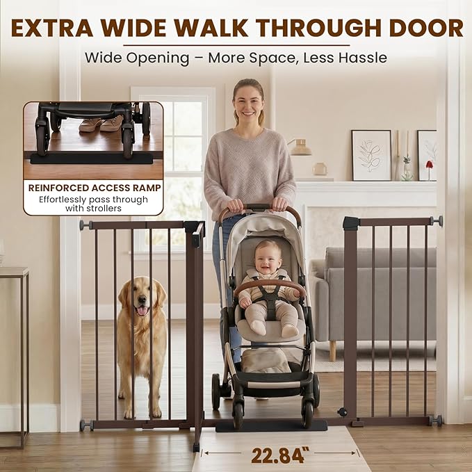 Mumeasy 29.7-57" Extra Wide Baby Gate, Auto Close Large Dog Gate for Doorways, No Drilling Pressure Mounted Pet Safety Gate for Stairs, Easy Walk Through Child Gate for Hallways, House, Indoor, Brown