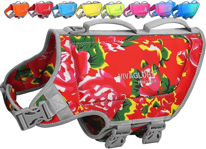 VIVAGLORY High Buoyancy Dog Life Vest, Swimming Vest with Handle, Dog Life Jacket for Swimming & Boating, Buoyancy for Puppy Doggy, XL, Northeast Florals-Red