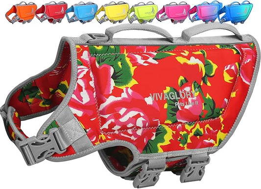 VIVAGLORY High Buoyancy Dog Life Vest, Swimming Vest with Handle, Dog Life Jacket for Swimming & Boating, Buoyancy for Puppy Doggy, XL, Northeast Florals-Red