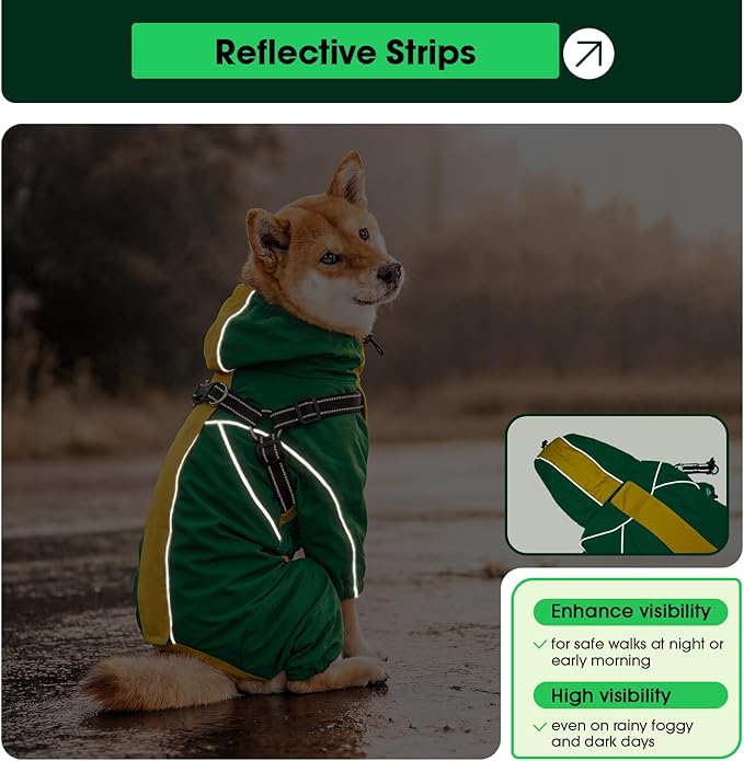Lelepet Large Dog Raincoat, Rain Jacket Dog with Harness, Waterproof Reflective Coat with Adjustable Detachable Hood, Elastic Waist Zipper Hook and Loop Pet Raincoats, Green, XXL