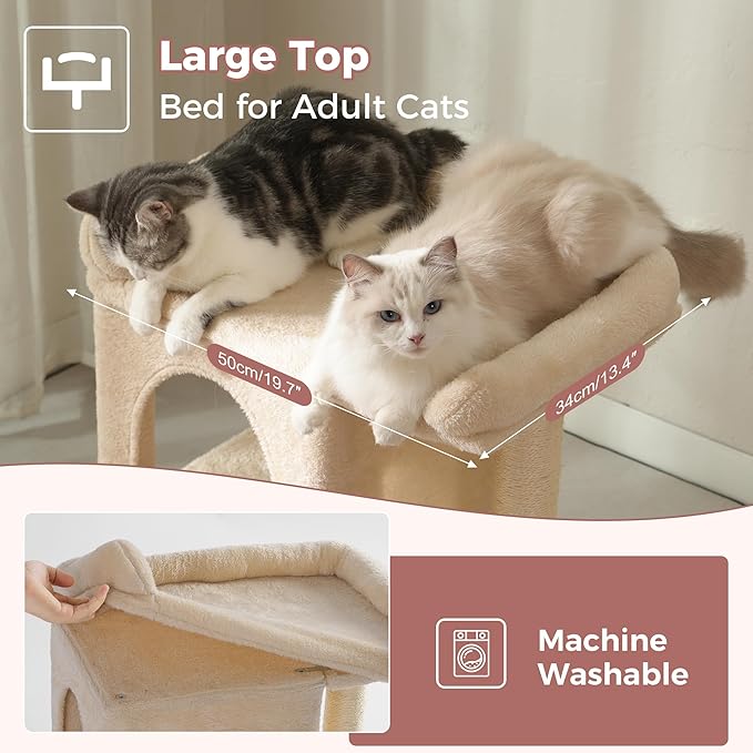 Small Cat Tree Tower for Large Cats with Spacious Top Bed 20x13.8”Private Cat Condo,Sisal Scratching Post and Ramp and Self Groomer and Spring Ball-Beige