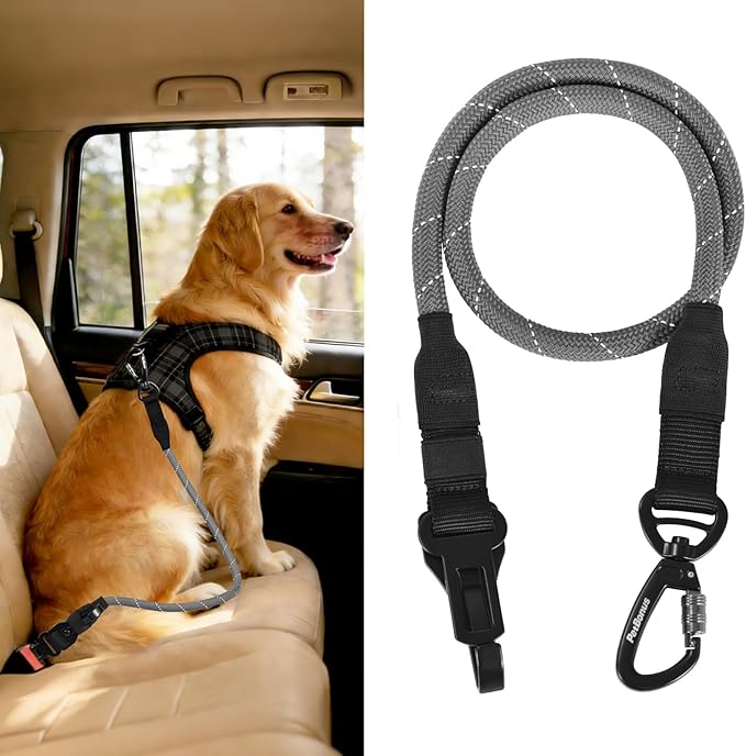 PetBonus Dog Seat Belt for Car, Durable Rope Dog Car Harness Seatbelt for Vehicle, Pet Tether Safety Restraint with Heavy Duty Buckle Hook Latch Lockable Clip for Small Medium Large Breeds (Grey)