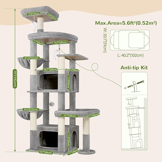 Globlazer 75in Sturdy Cat Tree for Large Cats, Heavy Duty Multi-Level Cat Tower for Indoor Cats with Extended Platform, 2 Spacious Condos, 2 Padded Perches, 6 Sisal Scratching Posts, S75, Light Grey