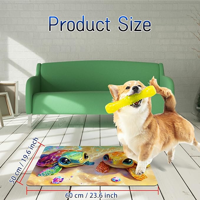 Dog Food Mat, 19.6" x 23.6" Absorbent Pet Feeding Mat for Food and Water, Waterproof Diatom Mud Pet Placemat with Non-Slip Rubber Backing, Cat Bowl Mat for Floors - Orange Green Turtle