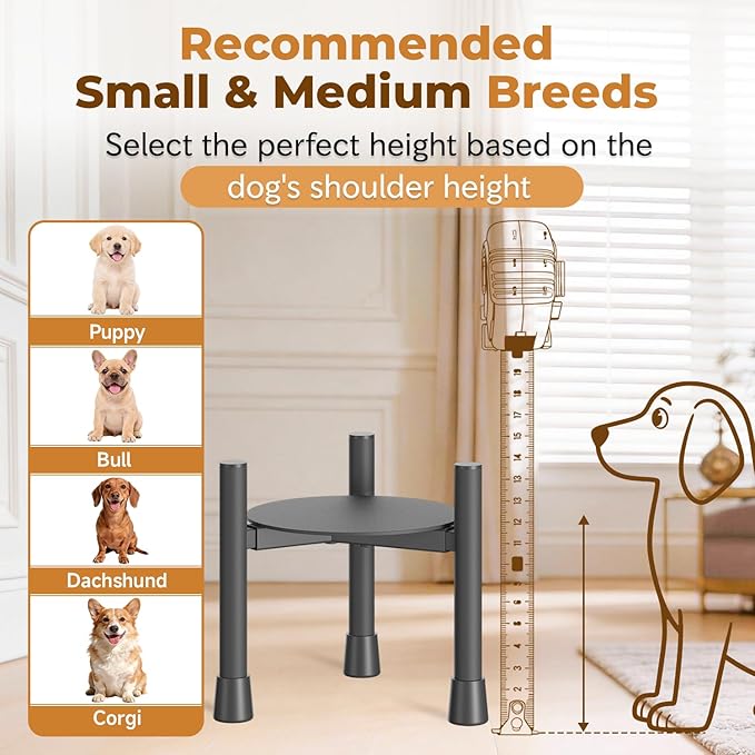 Oppro Single Elevated Dog Bowl Stand for Small Medium Breed, Adjustable Width 6-10in, 10in Tall Non-Slip Metal Raised Puppy Food Feeder Water Holder, Fits Various Size Ceramic Stainless Steel Pet Bowl