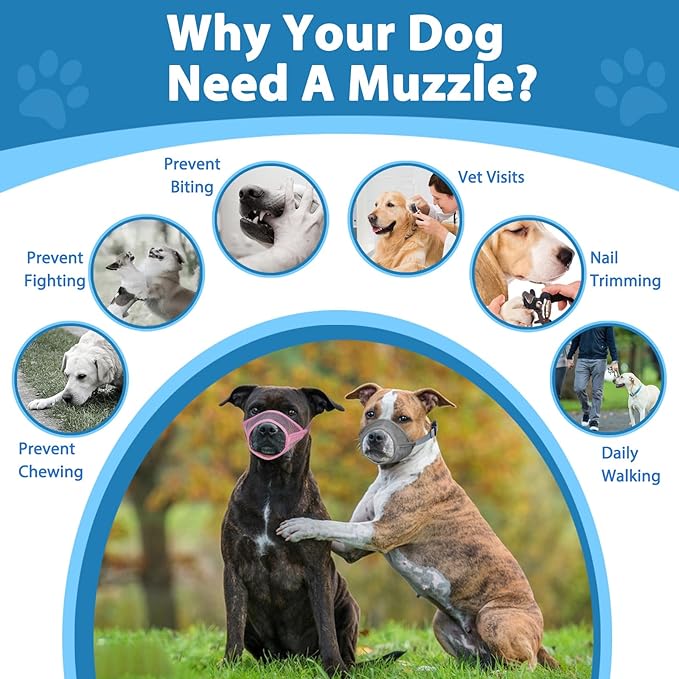 LUCKYPAW Dog Muzzle Suits for Small Medium Large Dogs, Mesh Muzzle Anti Biting Chewing, Breathable Mouth Cover Set with Adjustable Strap for Grooming Vet Visiting Training (7 PCS(XXS-XXL), Grey)